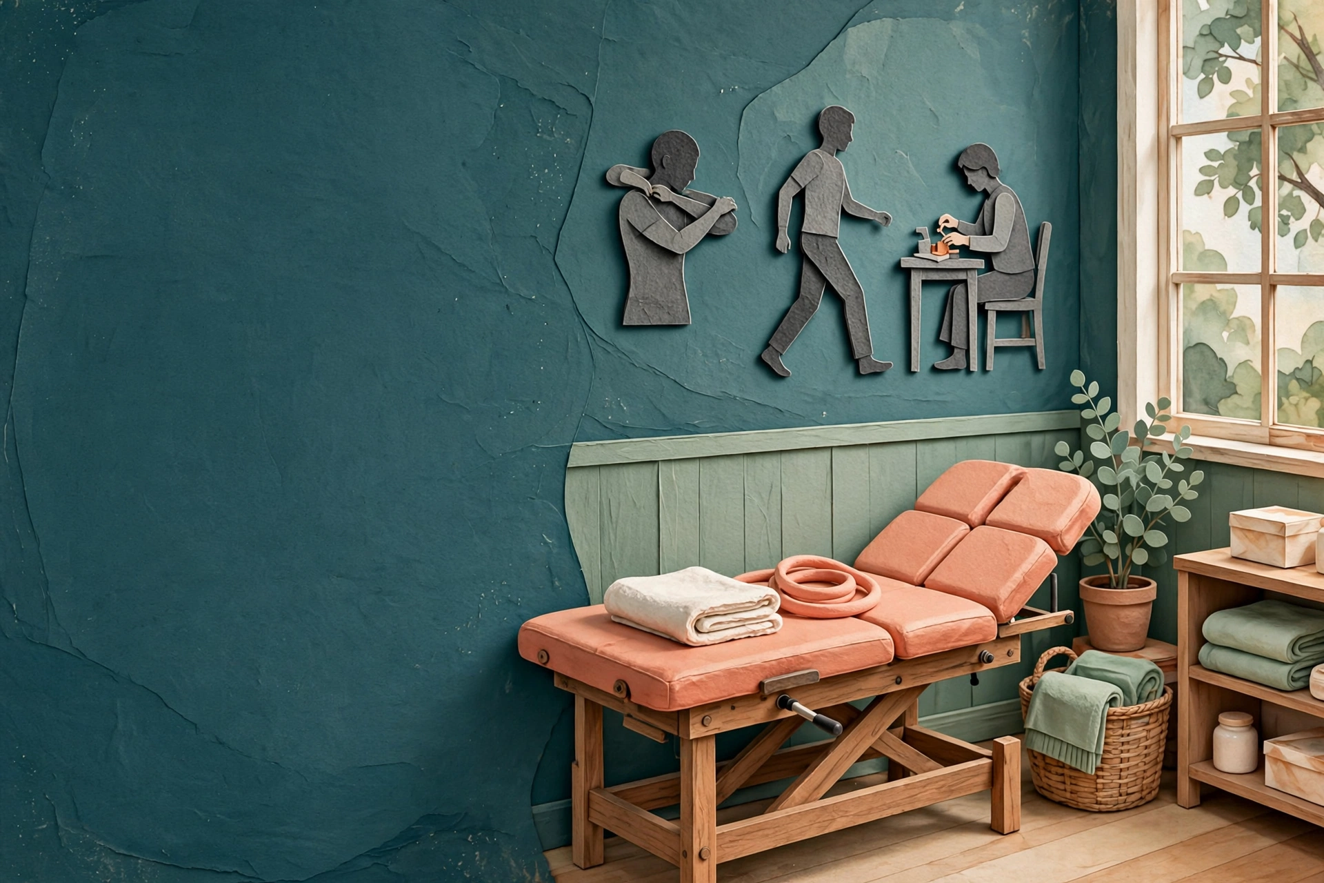 Illustrated therapy room with a treatment table and scenes of movement and daily activity